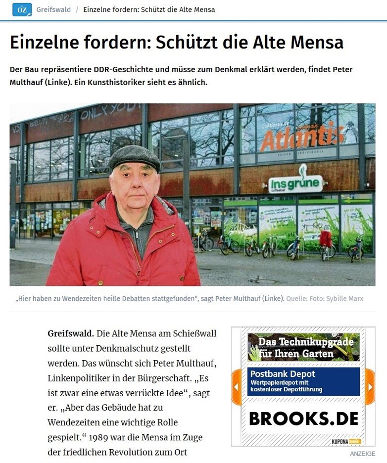 Zeitungsausschnitt mit der Überschrift "Einzelne fordern: Schützt die Mensa"
